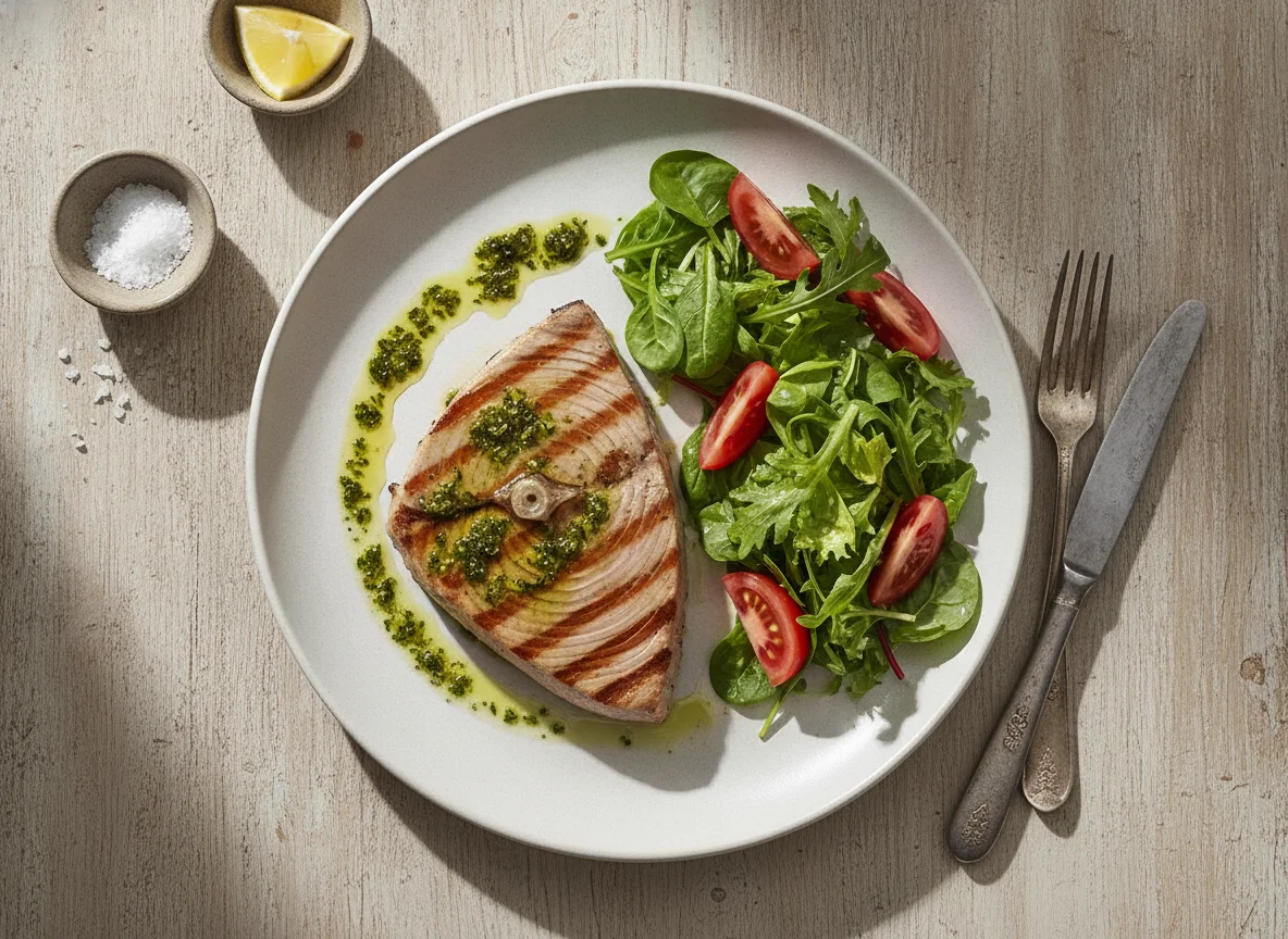 Atún a la plancha con ensalada photo