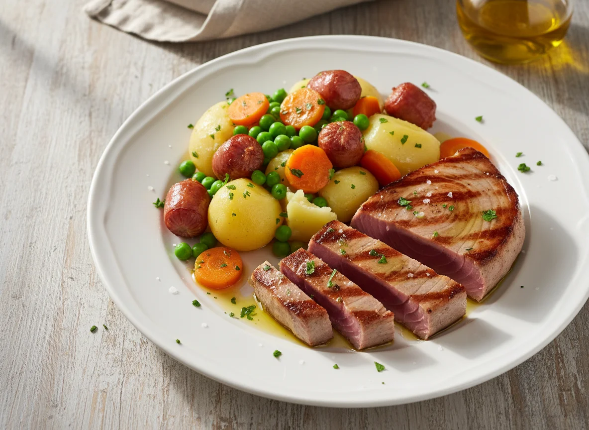 Atún a la plancha con guarnición de patatas y verduras photo