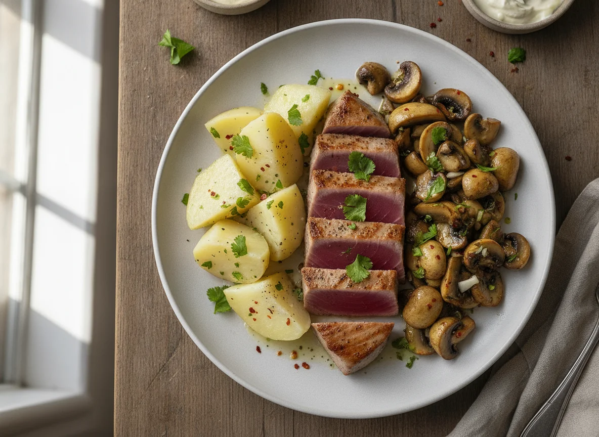 Atún a la plancha con patatas cocidas y champiñones salteados photo