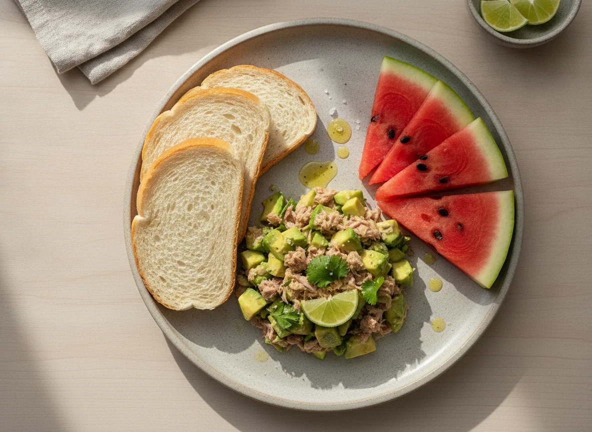Atún con aguacate, pan blanco y sandía photo