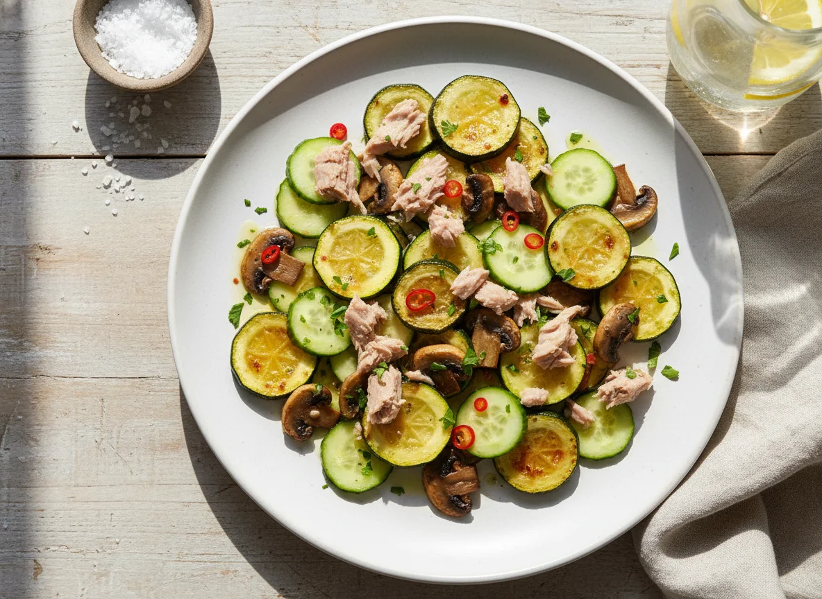 Atún con calabacín, pepino y champiñones photo