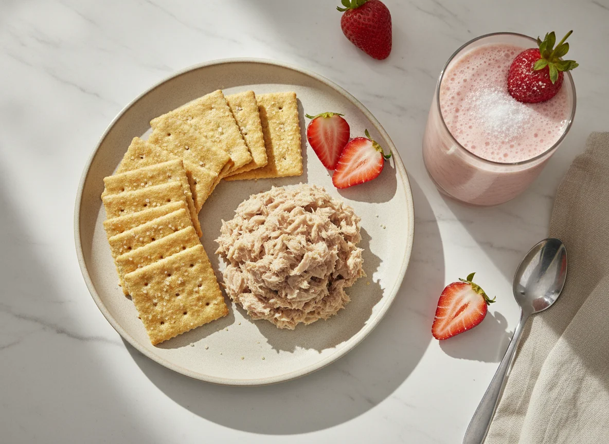 Atún con mayonesa, galletas saladas y licuado de fresa photo