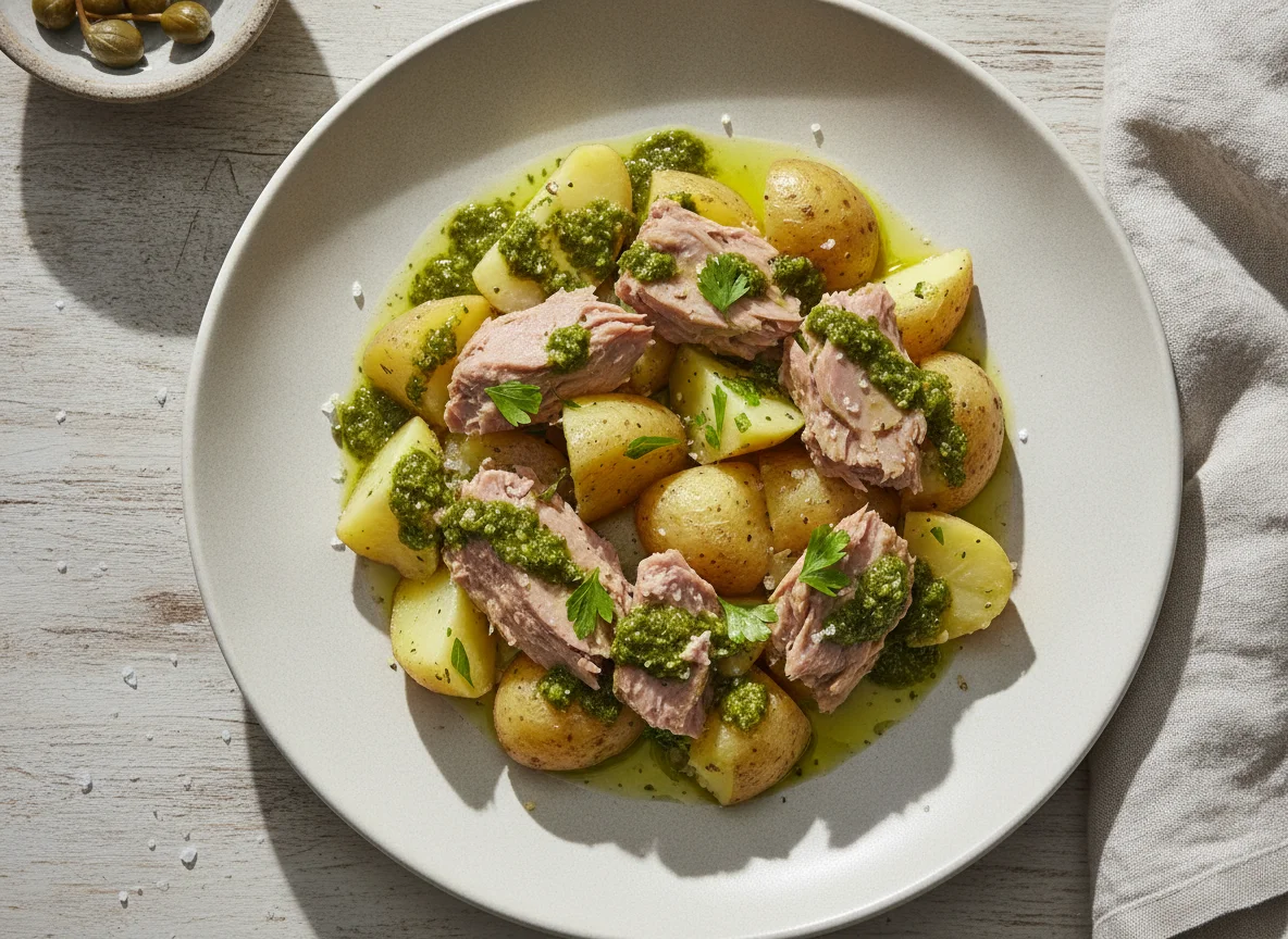 Atún con patatas cocidas y salsa verde photo