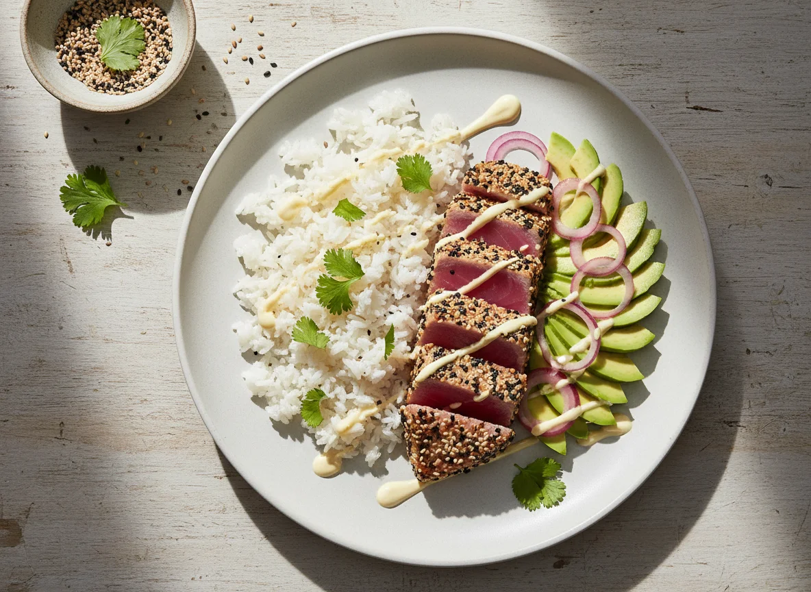 Atún con sésamo, arroz y aguacate photo