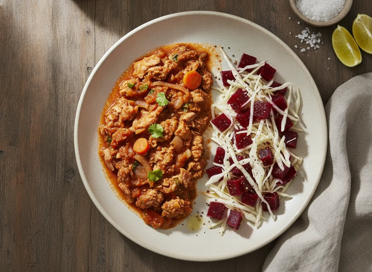 Atún guisado con ensalada de remolacha y repollo photo