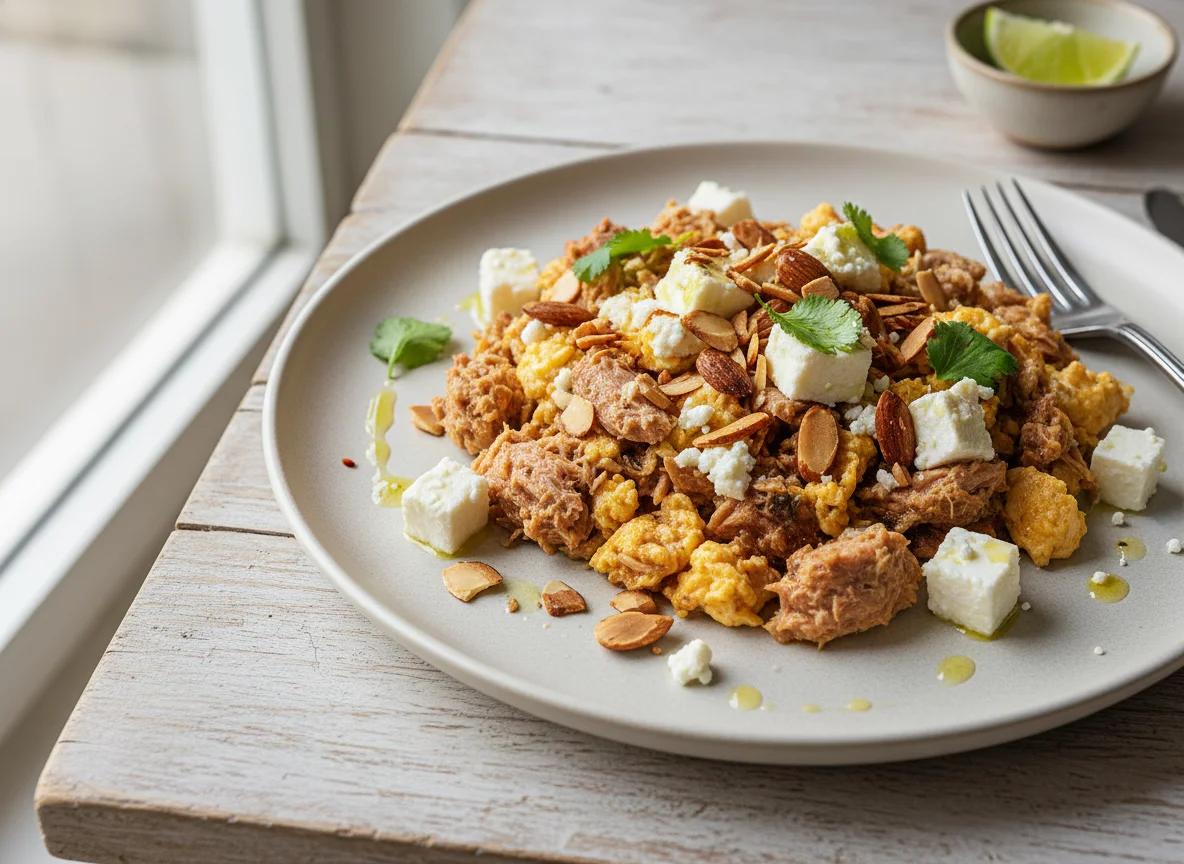 Atún revuelto con huevo, queso panela y almendras photo