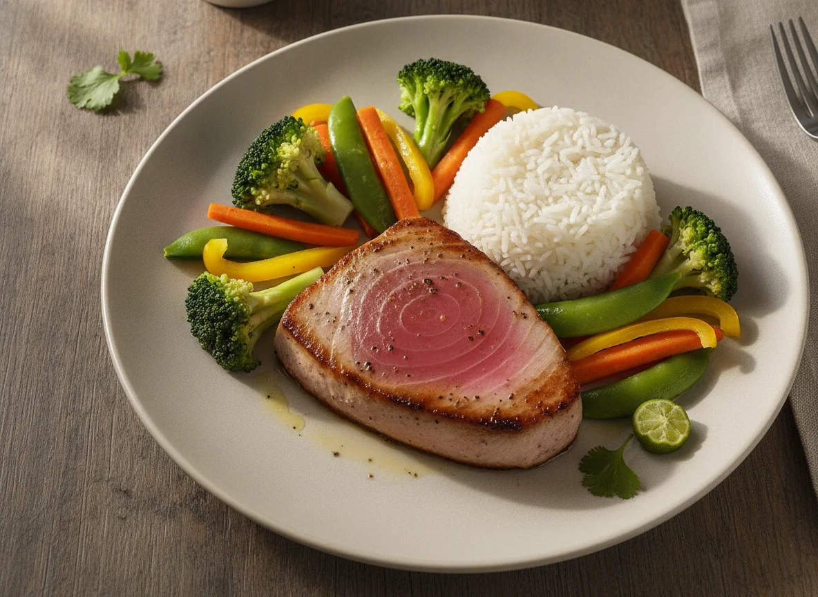 Atún sellado con arroz y verduras al vapor photo