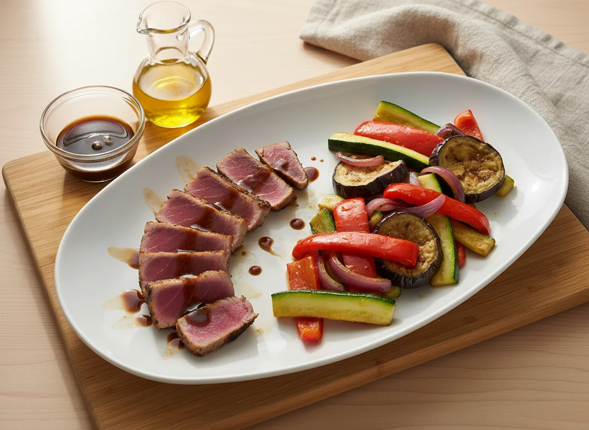 Atún Tataki y Verduras Salteadas photo