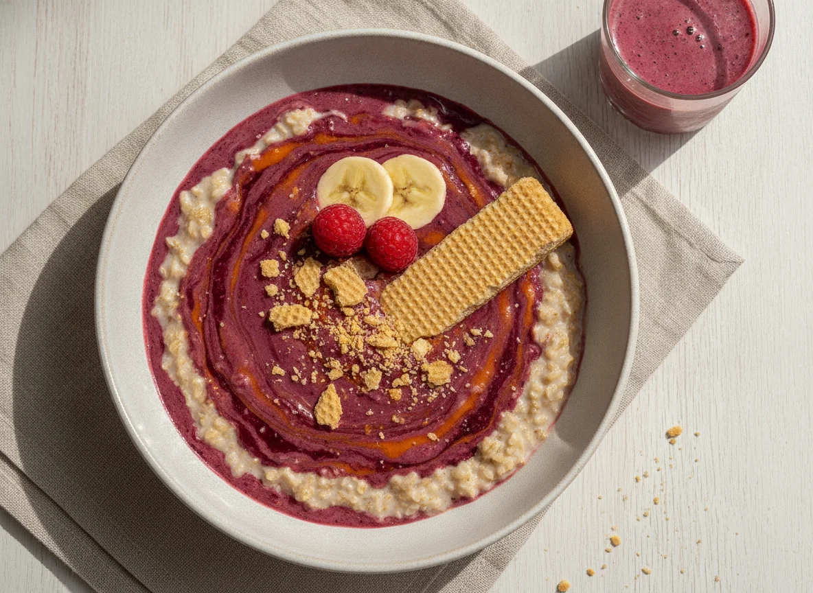 Avena con bebida de frutas y galleta photo