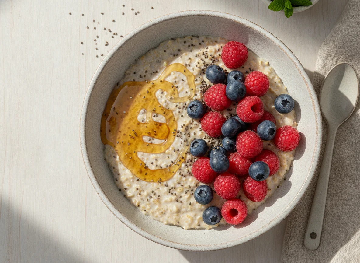 Avena con chía, frutos rojos y miel photo