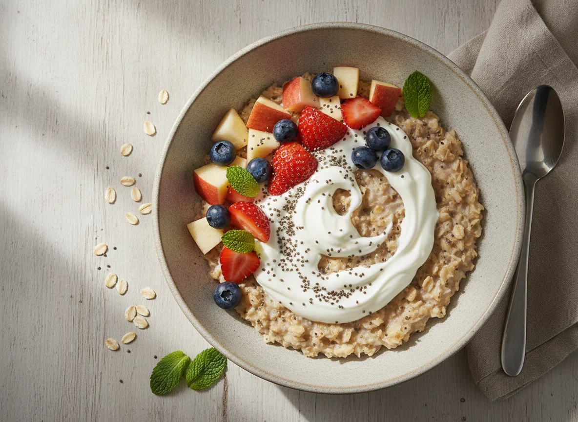 Avena con chía, yogur y frutas photo