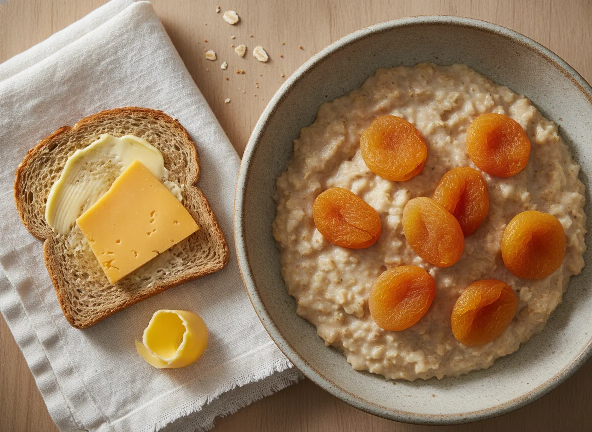 Avena con fruta, mantequilla y pan con queso photo