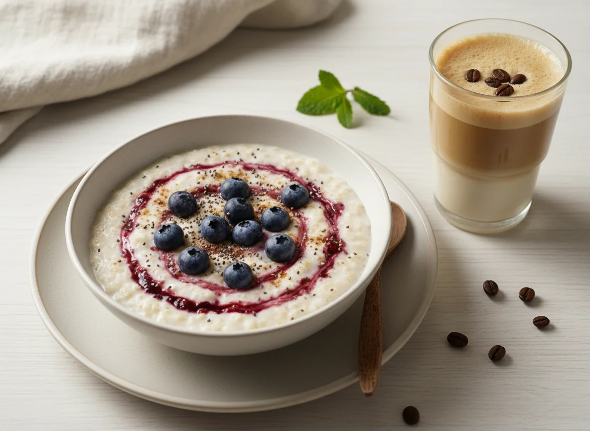 Avena con frutos rojos y bebida de café photo