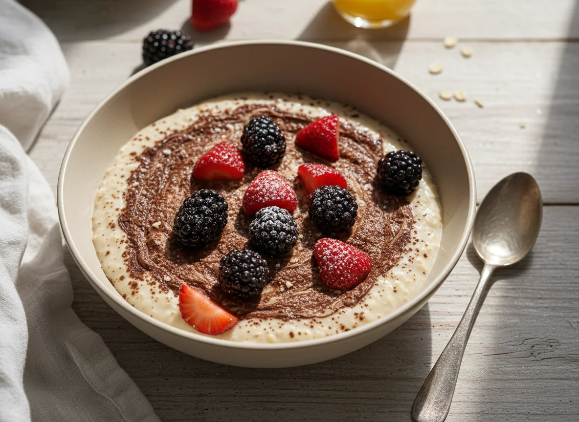 Avena con frutos rojos y cacao photo
