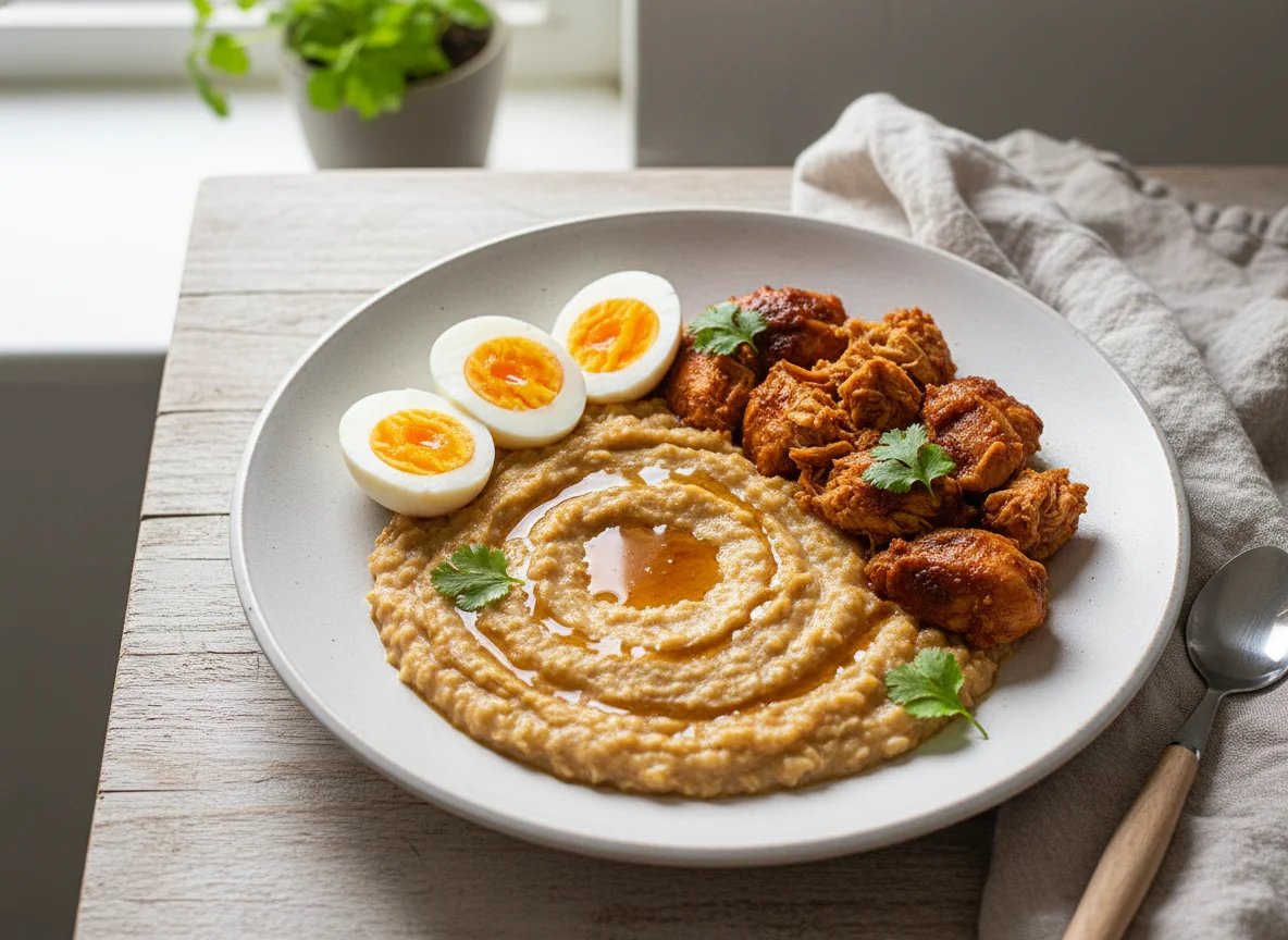 Avena con huevo y pollo guisado photo