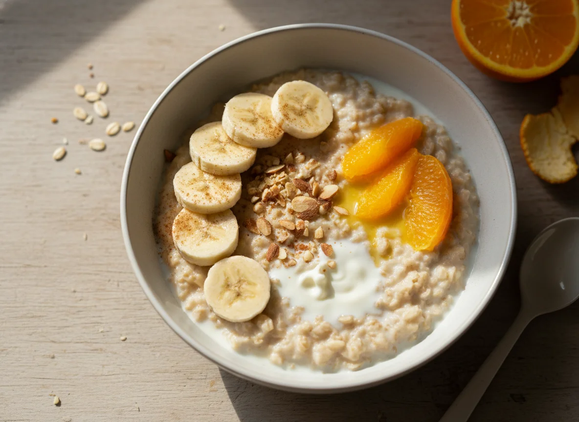 Avena con leche, plátano y naranja photo