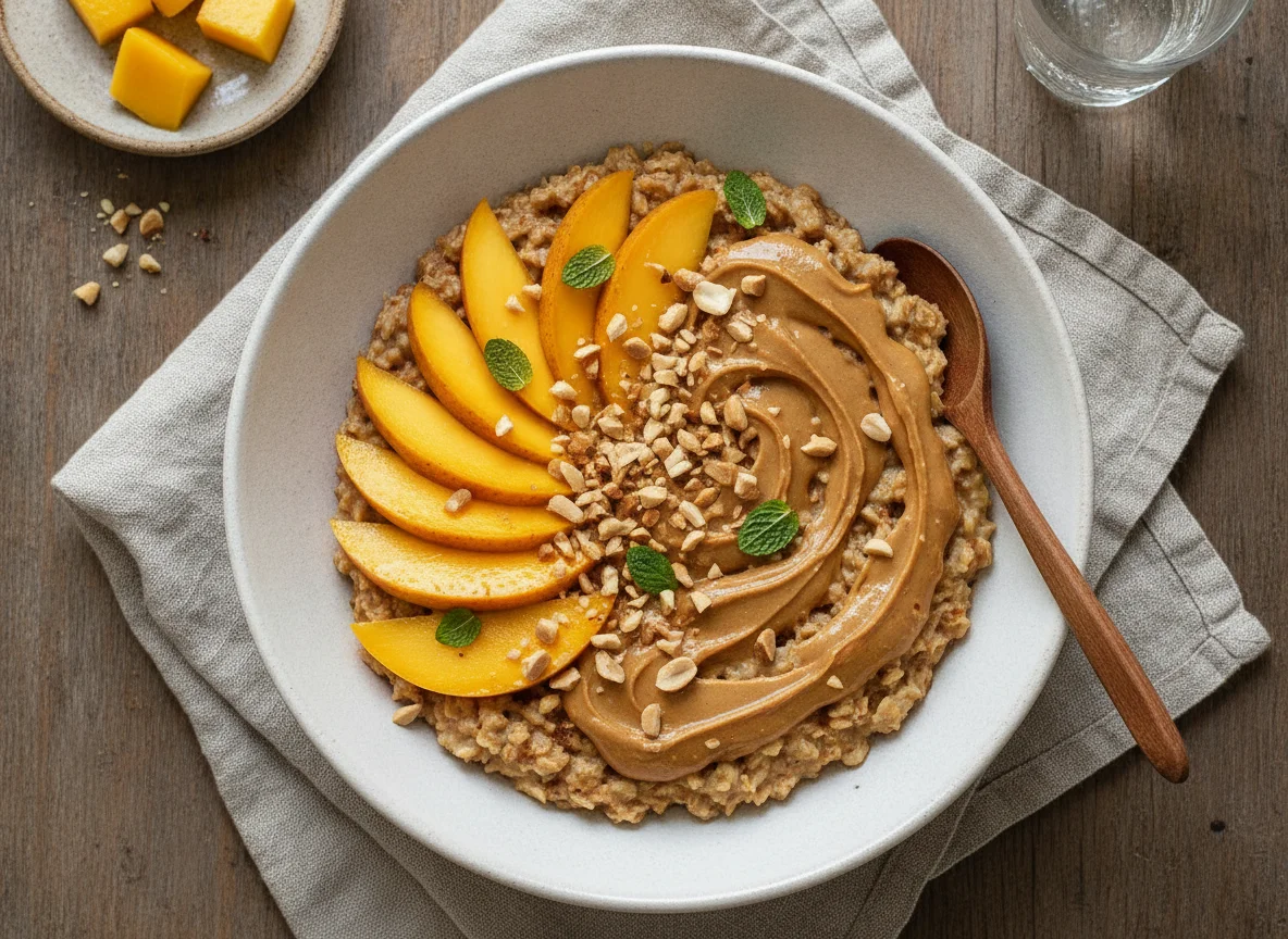 Avena con mango y crema de cacahuete photo