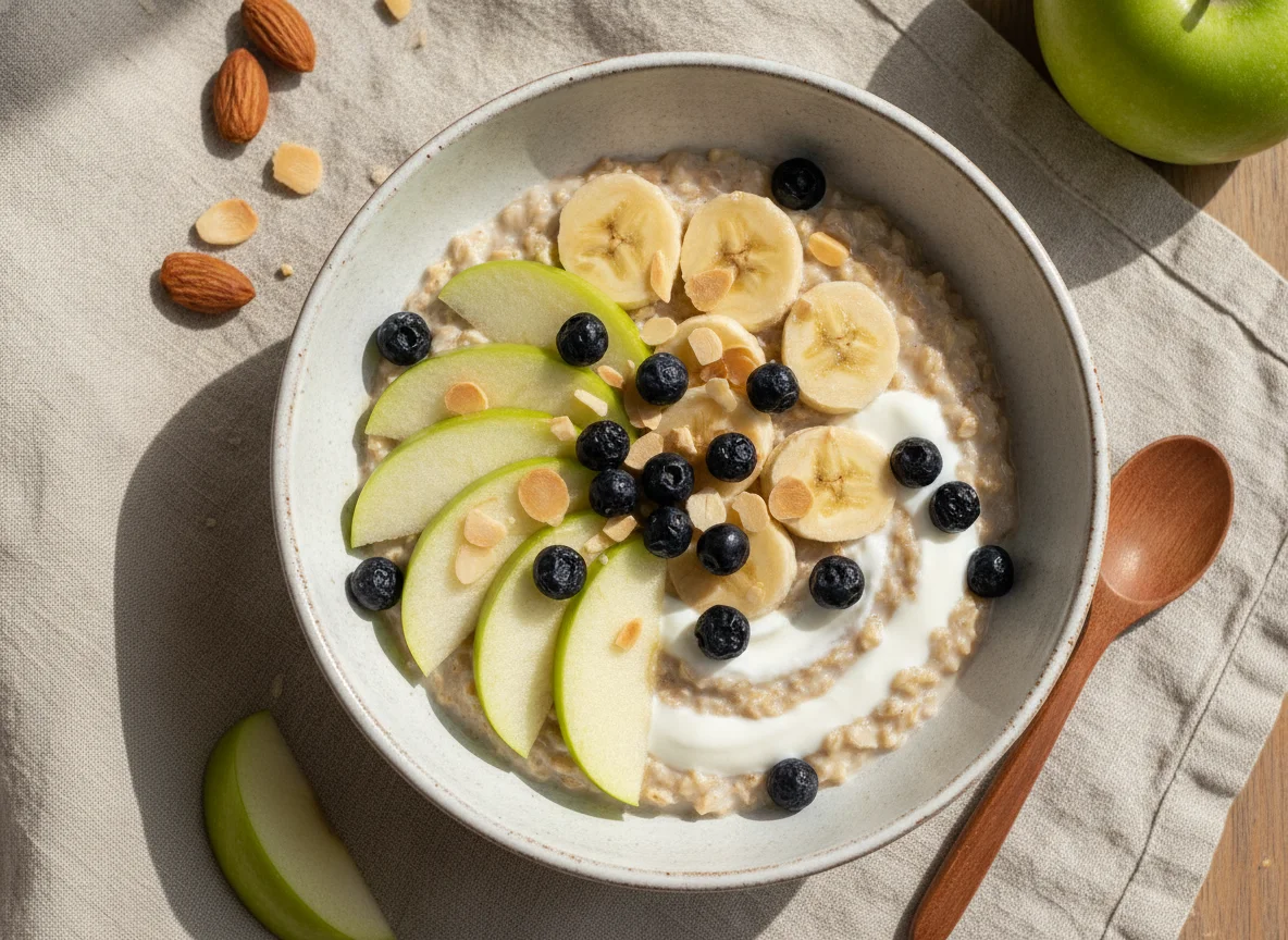 Avena con manzana, plátano y arándanos photo