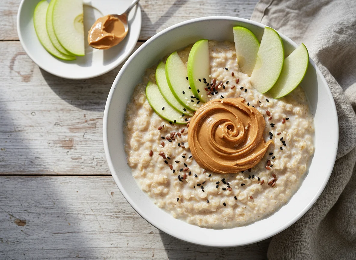 Avena con manzana y mantequilla de maní photo
