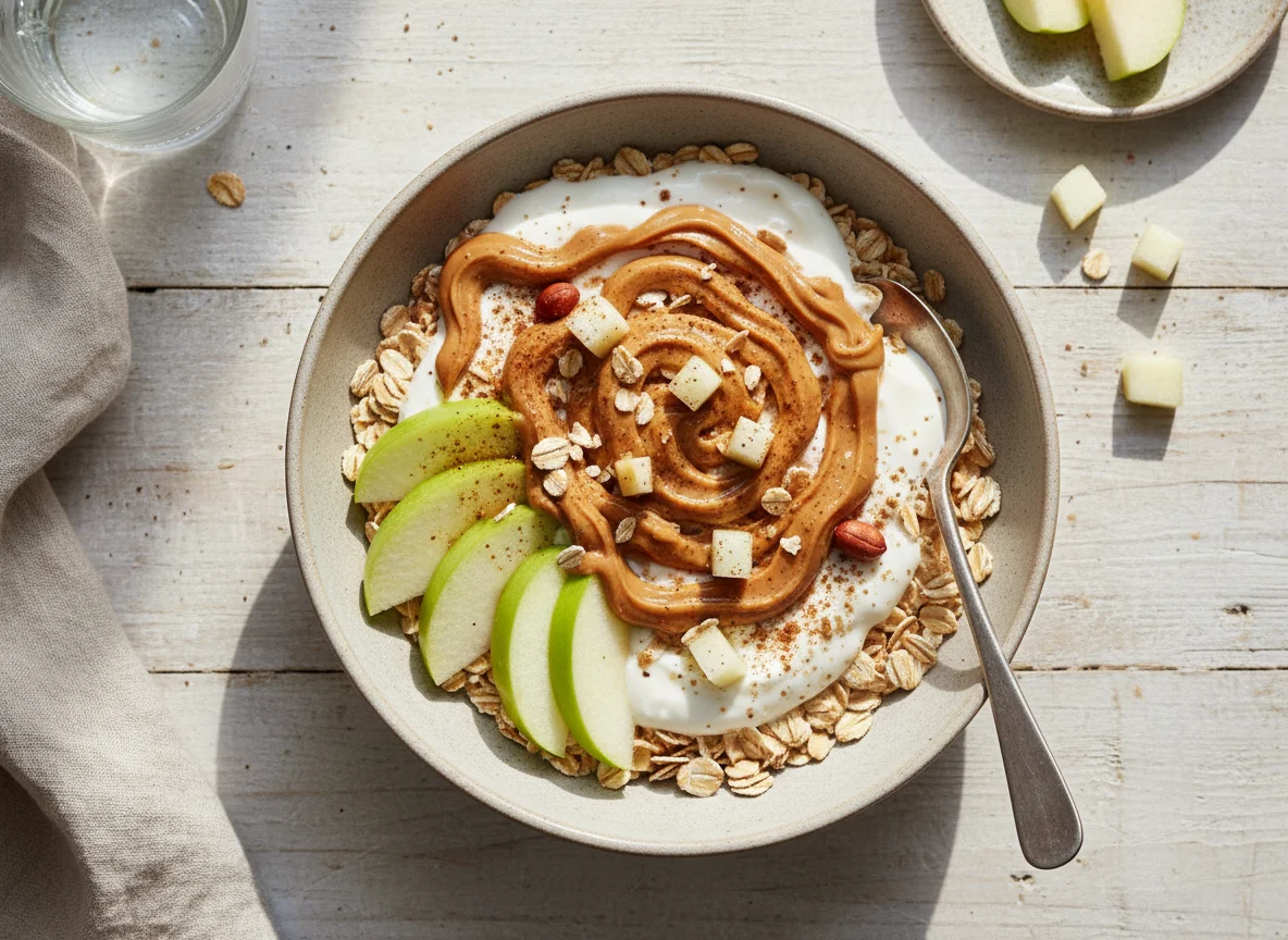 Avena con manzana, yogur y crema de cacahuete photo