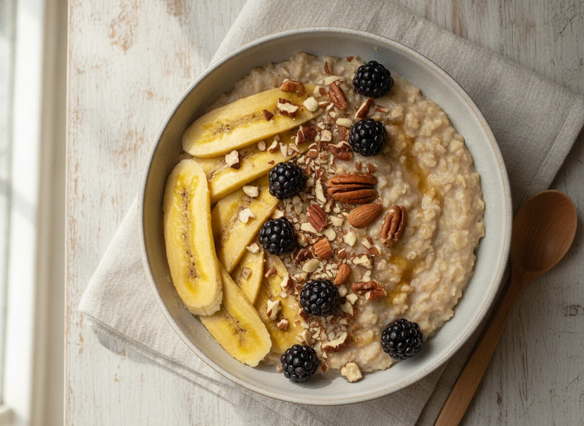 Avena con plátano, almendras, nueces y zarzamoras photo