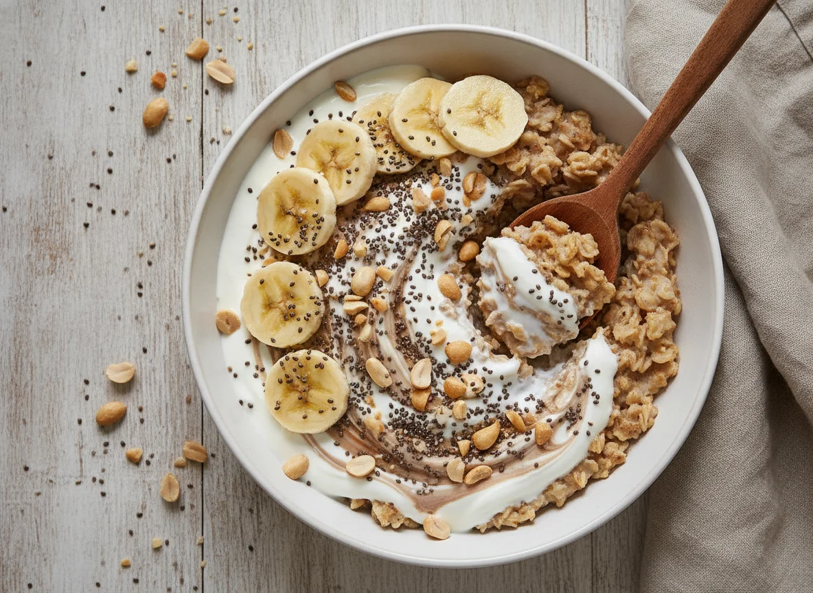Avena con plátano, chía, cacahuates y yogur griego photo