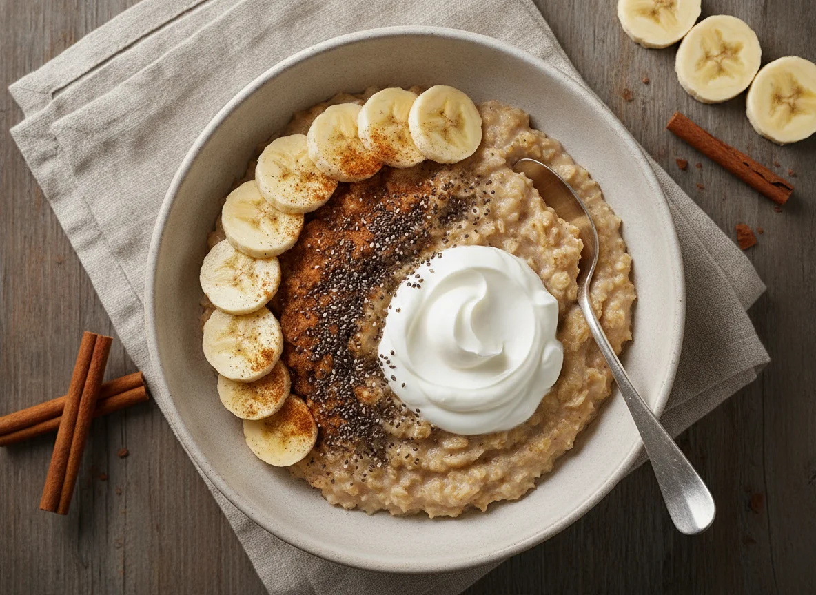 Avena con plátano, chía, canela y yogur griego photo