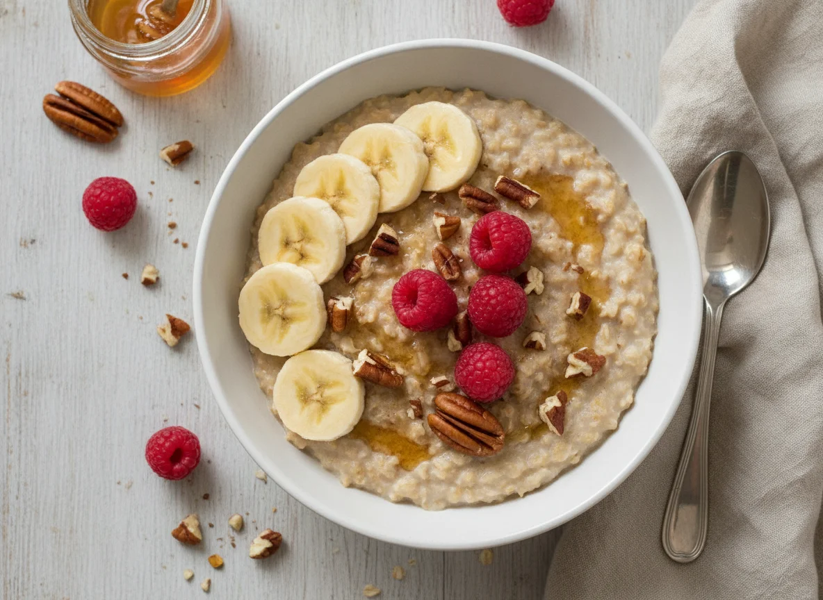 Avena con plátano, frambuesas y nueces photo