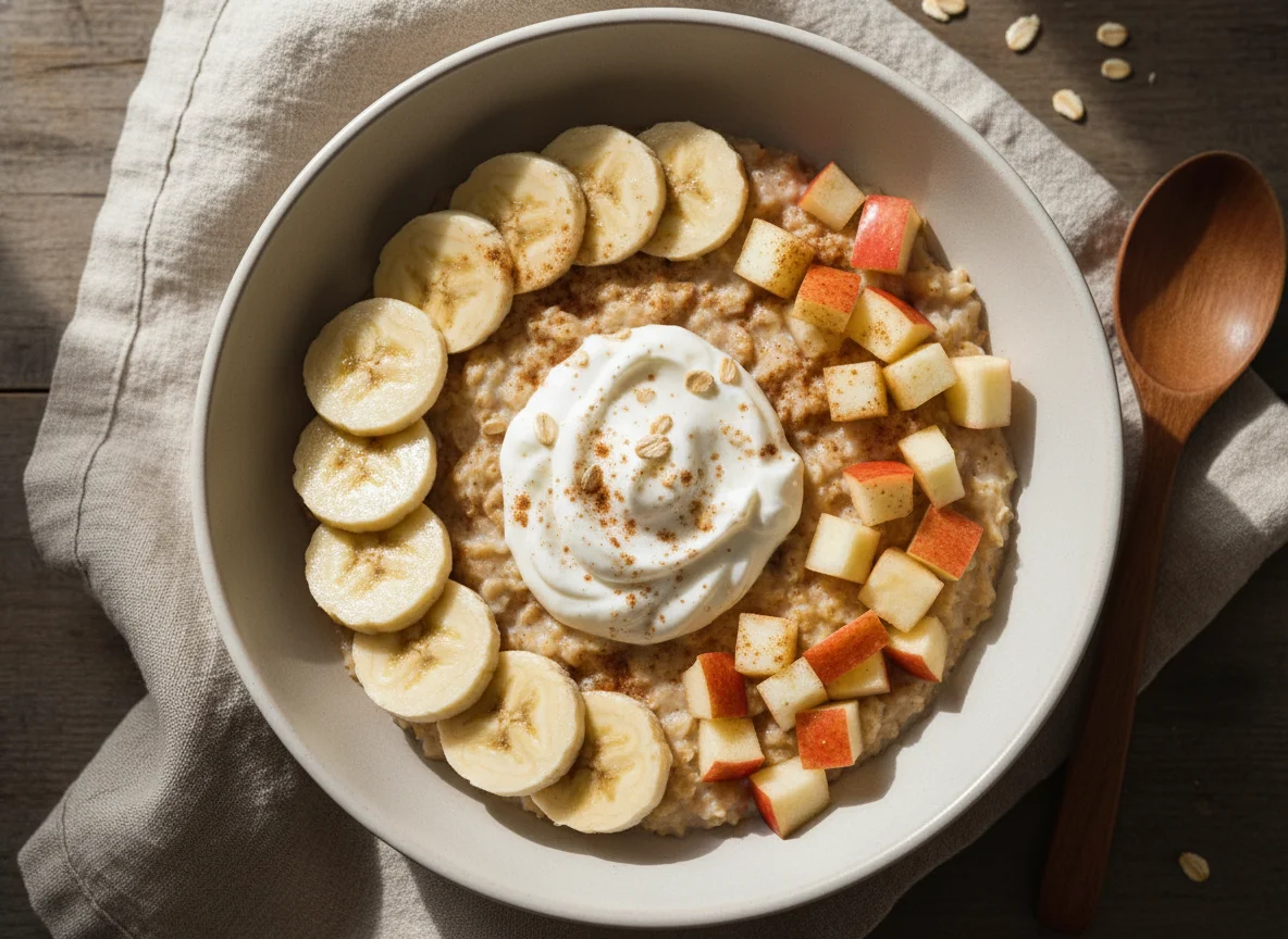 Avena con plátano, manzana y yogur photo
