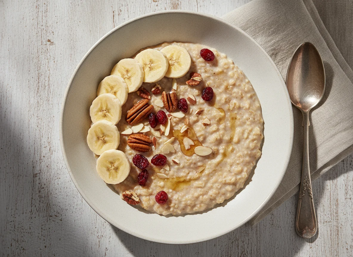 Avena con plátano, nueces y arándanos photo