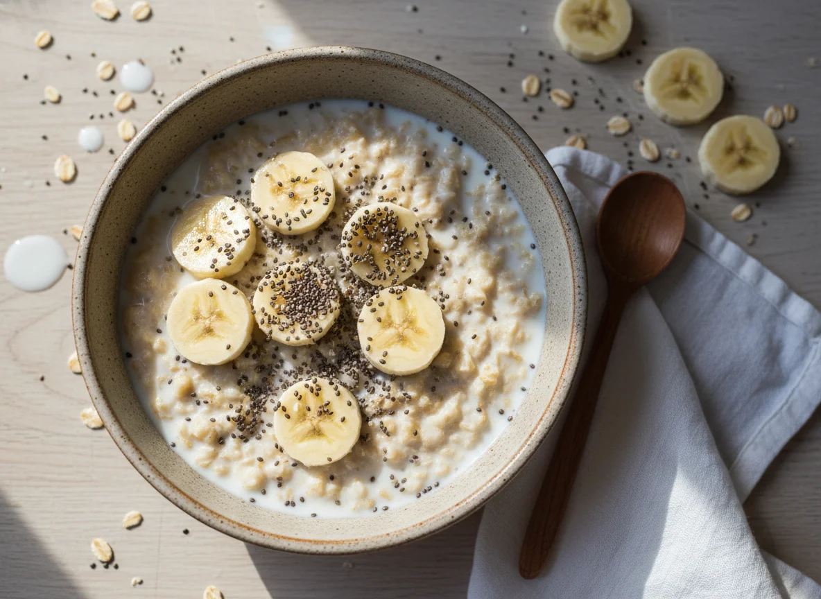 Avena con plátano, semillas de chía y leche photo