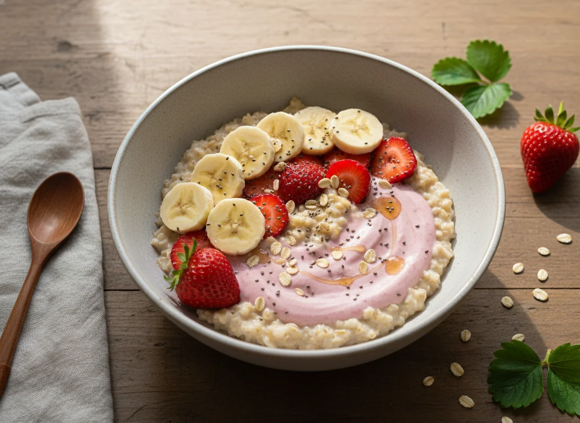 Avena con yogur, plátano y frutillas photo