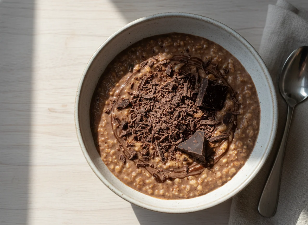 Avena molida con leche, proteína de chocolate y chocolate 99% por encima photo