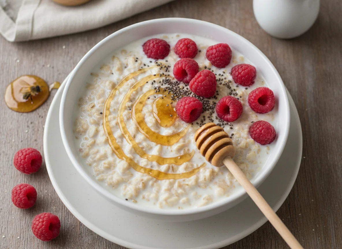 Avena trasnochada con frambuesa y miel photo