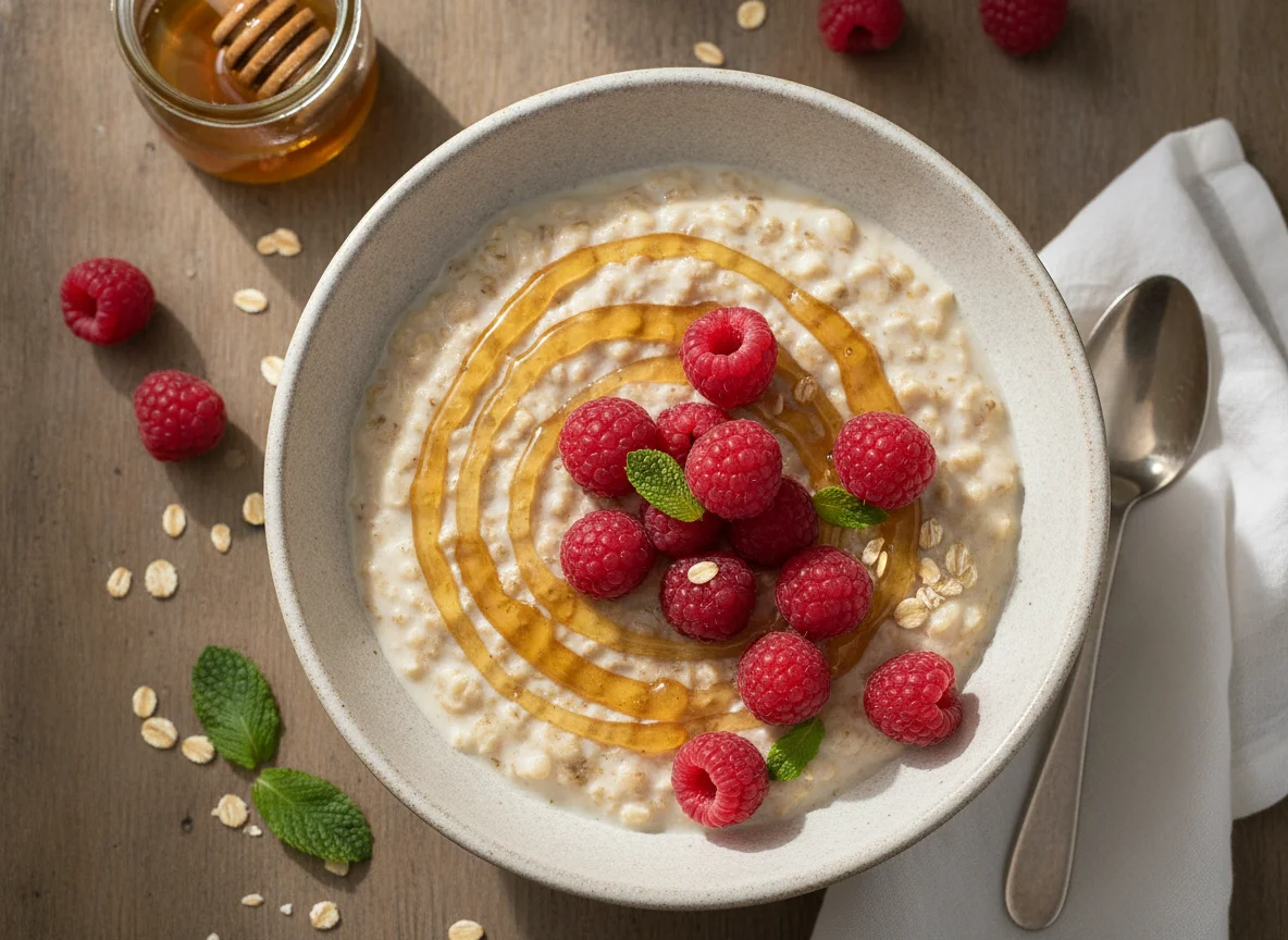 Avena trasnochada con frambuesas y miel photo