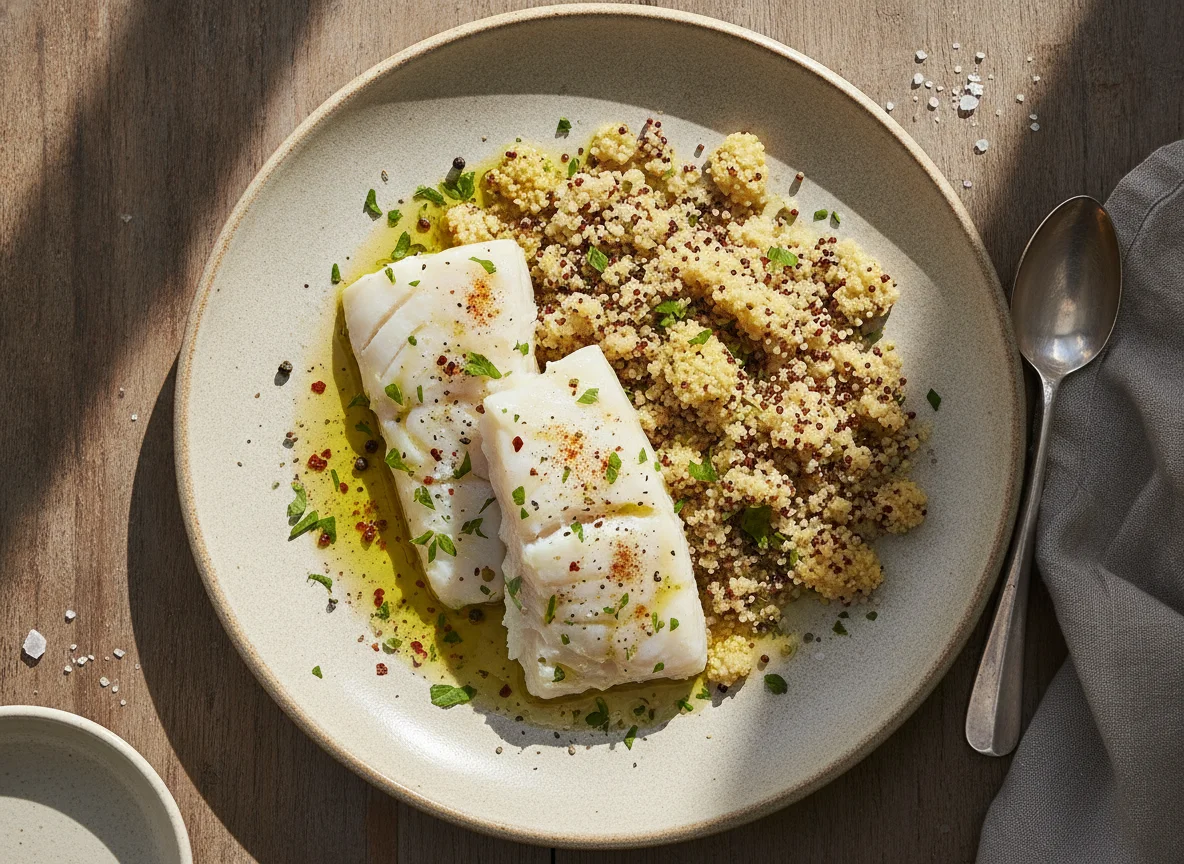 Bacalao al vapor con cuscús y quinoa photo