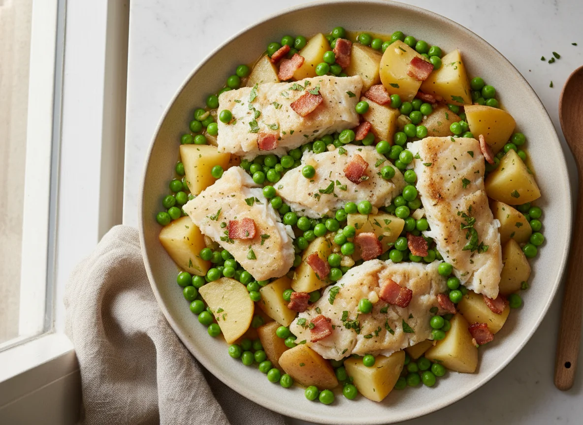 Bacalao con guisantes y patatas photo