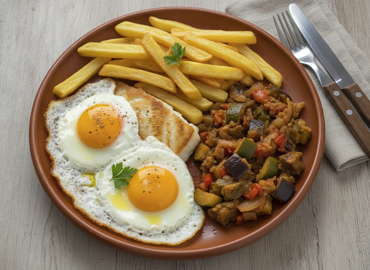 Bacalao con huevo frito, pisto y patatas fritas photo