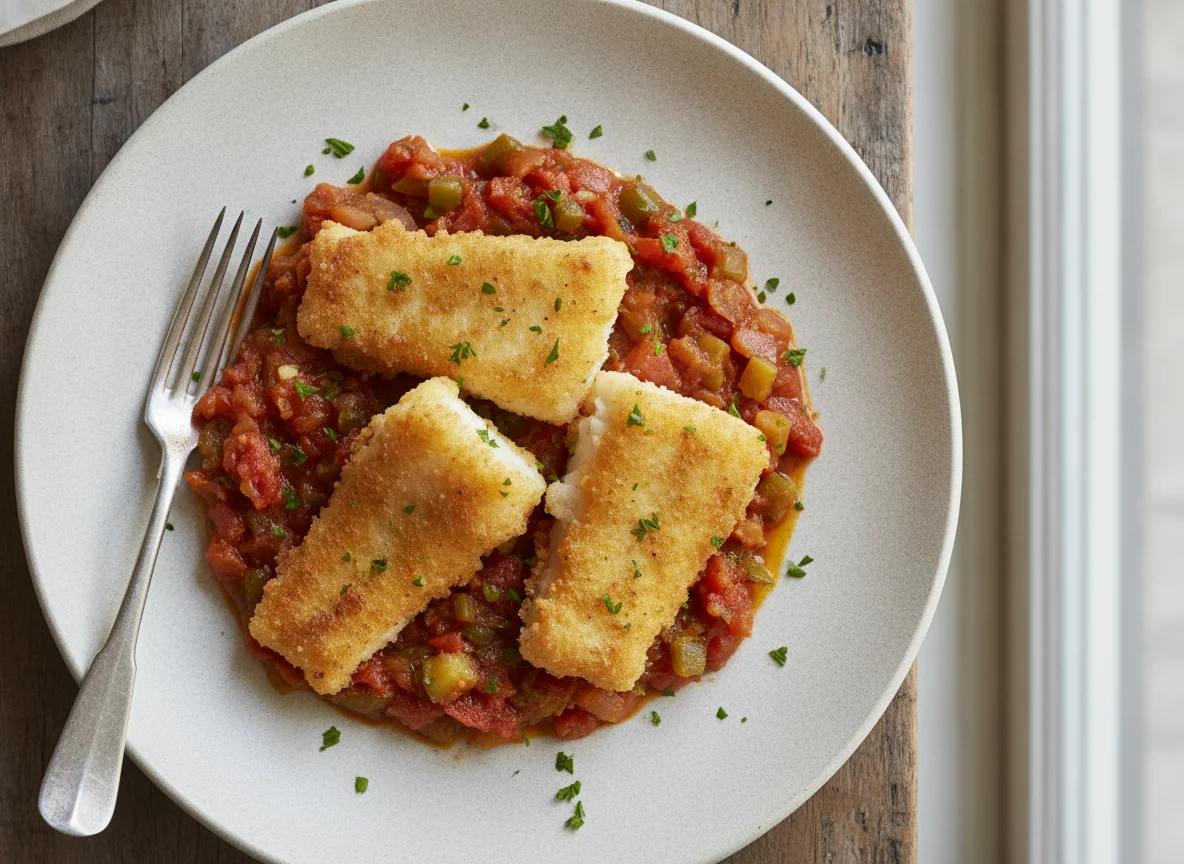 Bacalao rebozado con pisto photo
