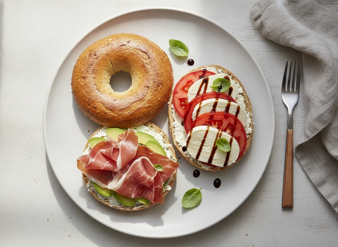 Bagel con jamón serrano, mozzarella y tomate photo