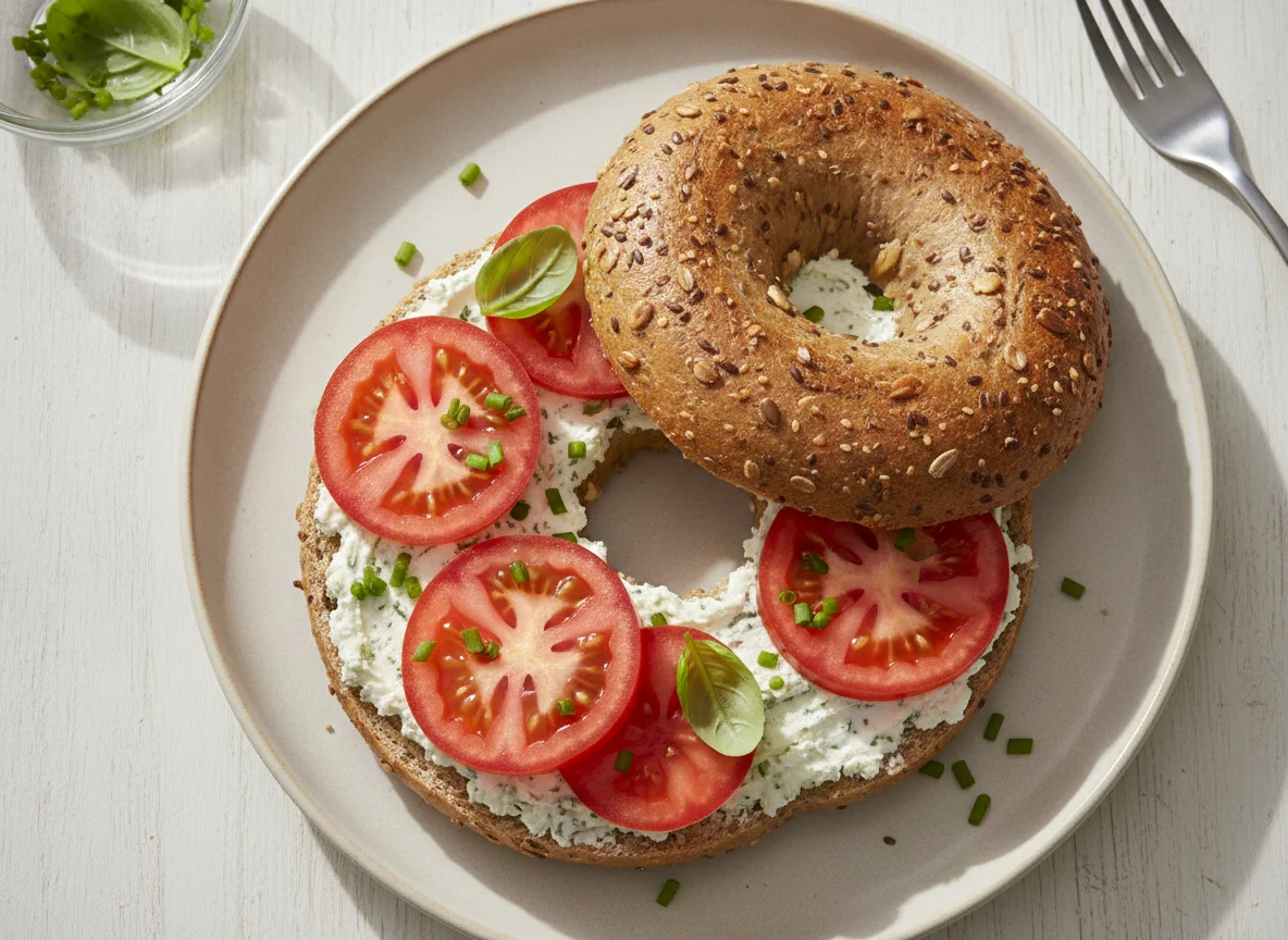 Bagel con queso crema y tomate photo