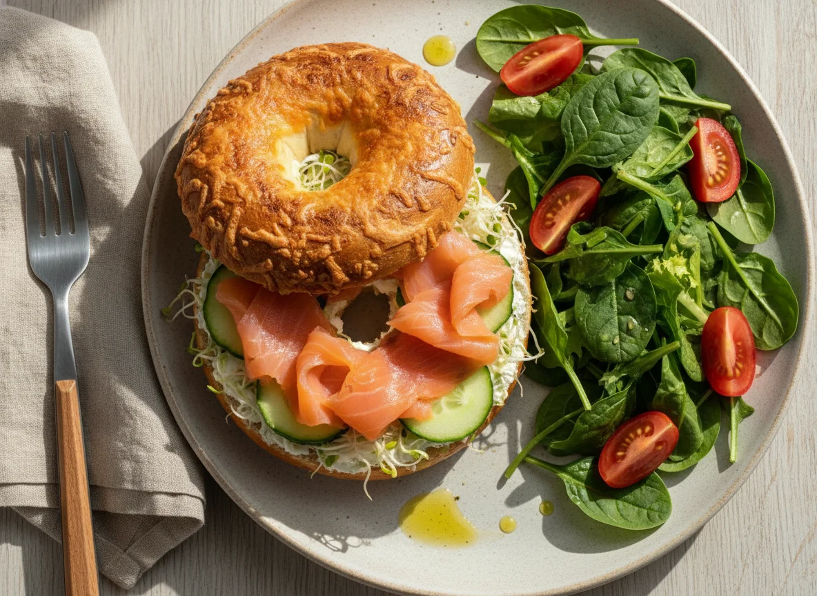 Bagel de queso con salmón y ensalada verde photo