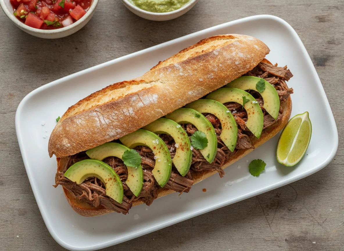 Baguette con carne y aguacate photo