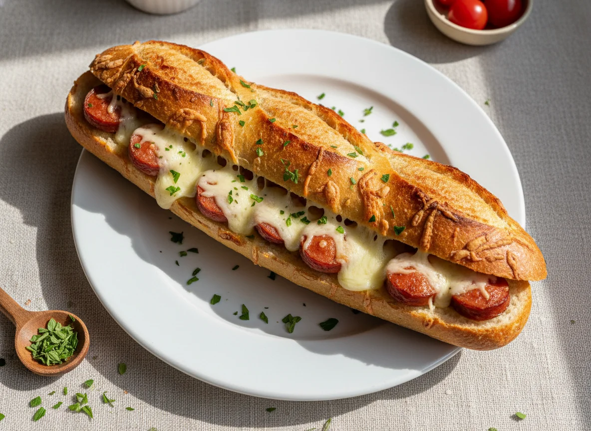 Baguette gratinada con salchicha y queso photo