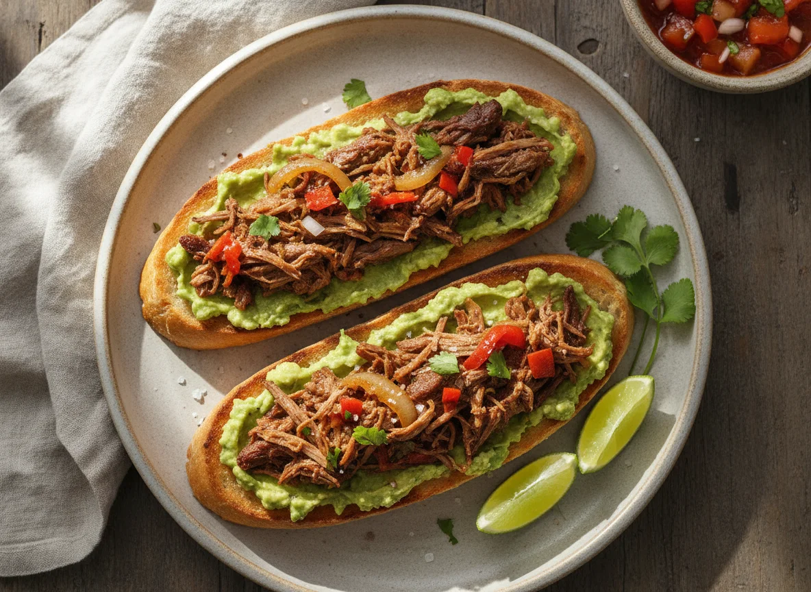 Baguette tostada con aguacate y carne photo