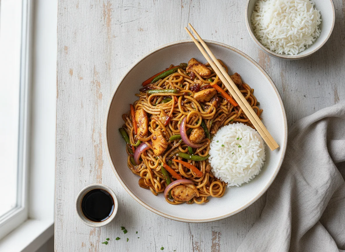 Bami Goreng con Arroz Blanco photo