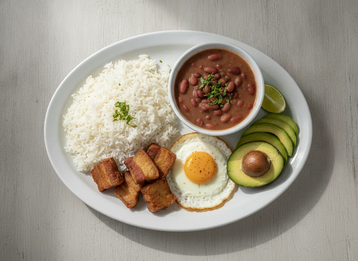 Bandeja con arroz, frijoles, cerdo, huevo y aguacate photo