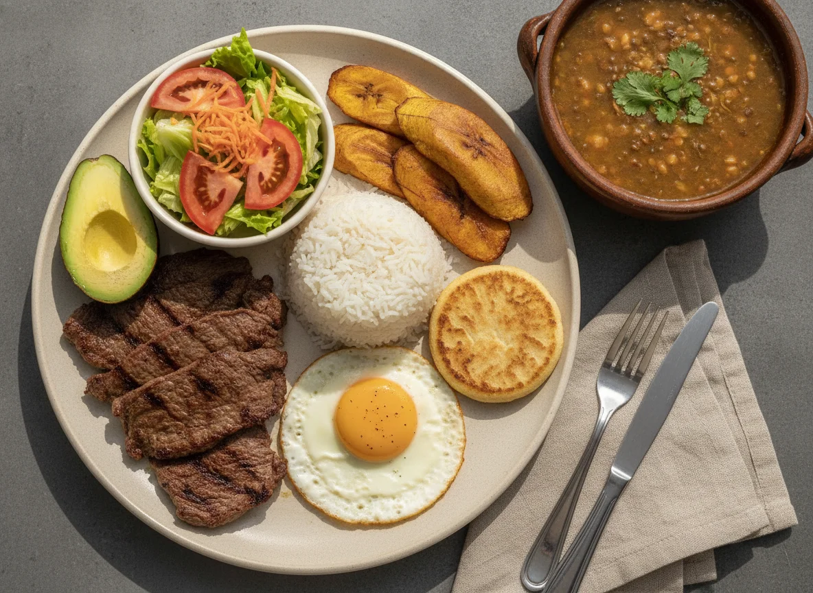 Bandeja con Carne, Huevo y Sopa photo