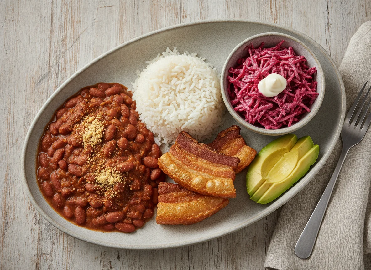Bandeja con frijoles, arroz, chicharrón y ensalada de remolacha photo