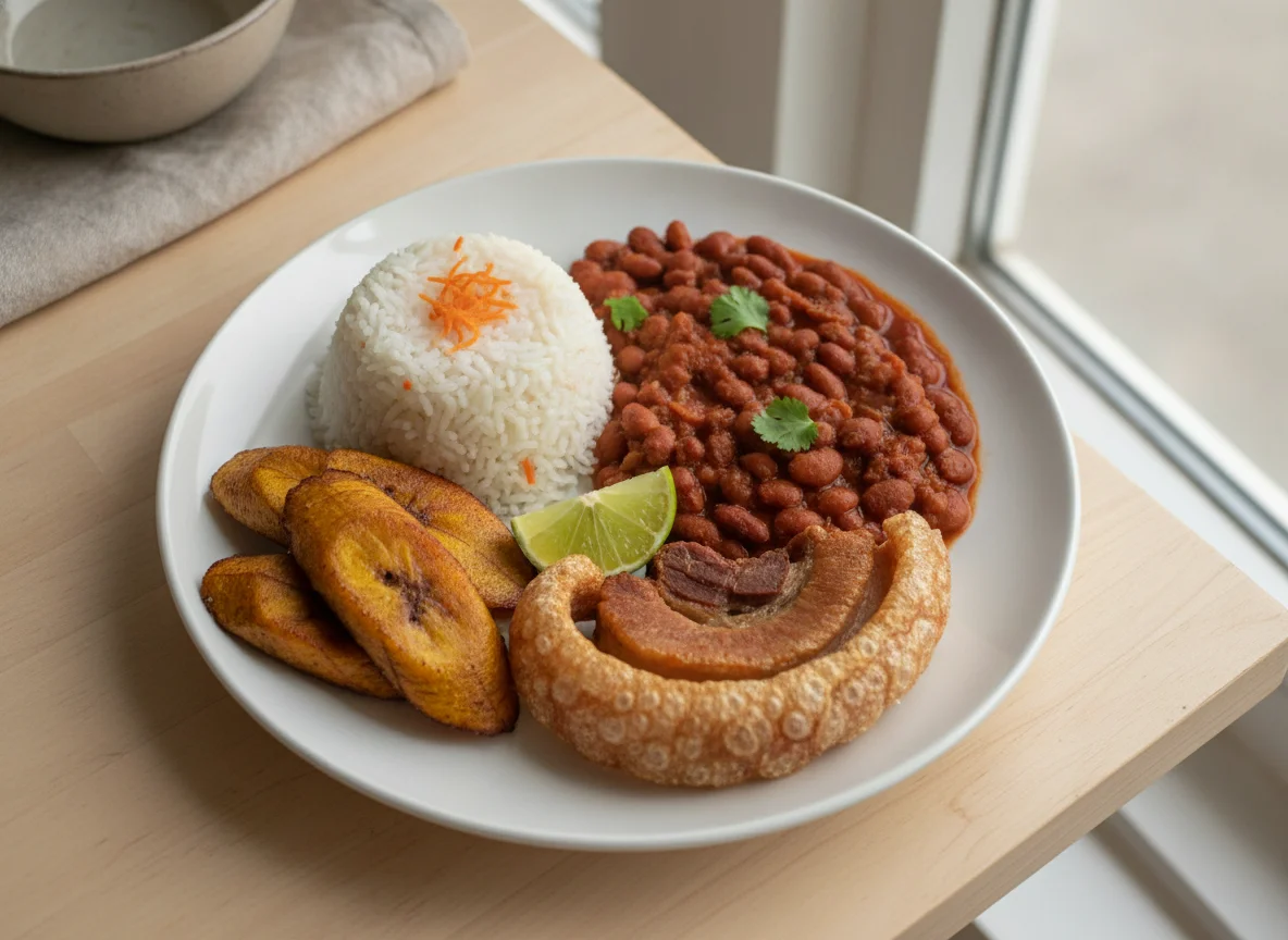 Bandeja con frijoles, arroz y plátano photo